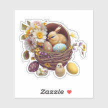 Cute bunny with basket eggs Easter day stiker 