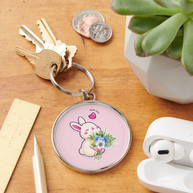 Cute Bunny with Bouquet –  Key Ring (Desk)