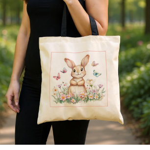 Cute Bunny with Butterflies and Spring Flowers Tote Bag