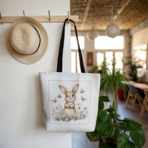 Cute Bunny with Butterflies and Spring Flowers Tote Bag