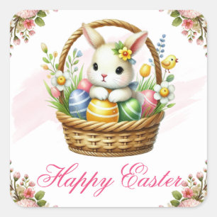 Cute Bunny with Colourful Eggs Happy Easter Square Sticker
