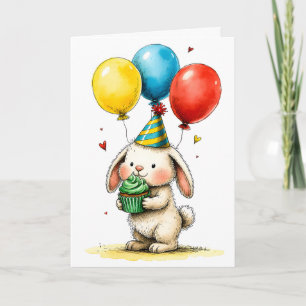 Cute Bunny with Cupcake Kid's Happy Birthday Card