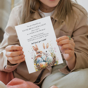 Cute bunny with decorative bird and nest eggs hunt invitation