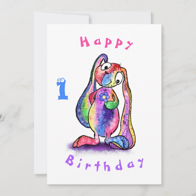 Cute Bunny with Flower Baby Birthday Card (Front)