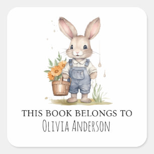 Cute Bunny with Flowers This Book Belongs Square Sticker