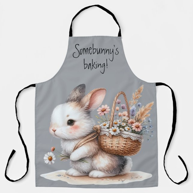 Cute Bunny with Flowers Watercolor Art Apron (Front)