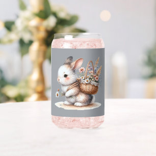 Cute Bunny with Flowers Watercolor Art Can Glass