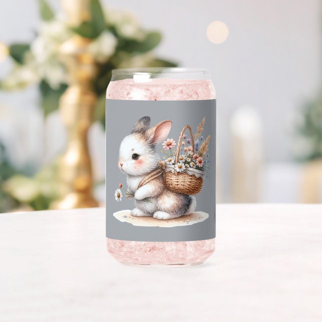 Cute Bunny with Flowers Watercolor Art Can Glass (Insitu (Wedding))