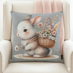Cute Bunny with Flowers Watercolor Art Cushion