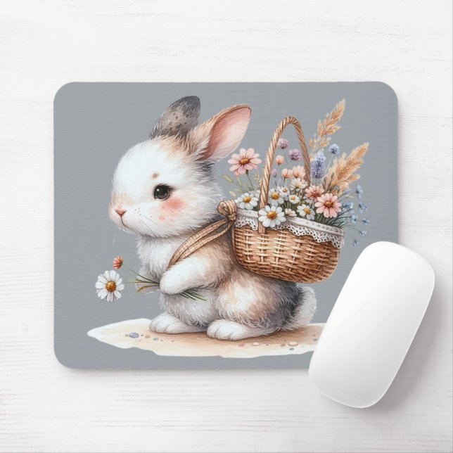 Cute Bunny with Flowers Watercolor Art Mouse Mat (With Mouse)