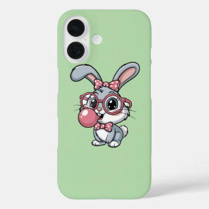 Cute Bunny with Glasses Blowing Bubble Gum iPhone 16 Case