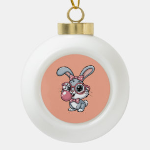 Cute Bunny with Glasses Blowing Bubble Gum Ceramic Ball Christmas Ornament