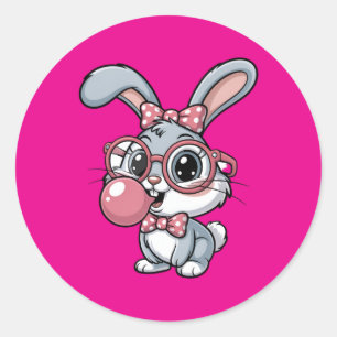 Cute Bunny with Glasses Blowing Bubble Gum Classic Round Sticker