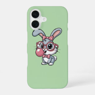 Cute Bunny with Glasses Blowing Bubble Gum iPhone 16 Case