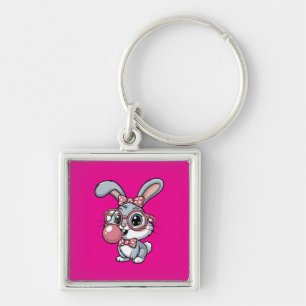 Cute Bunny with Glasses Blowing Bubble Gum Key Ring