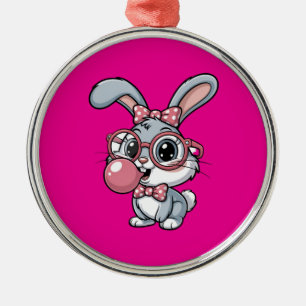 Cute Bunny with Glasses Blowing Bubble Gum Metal Tree Decoration