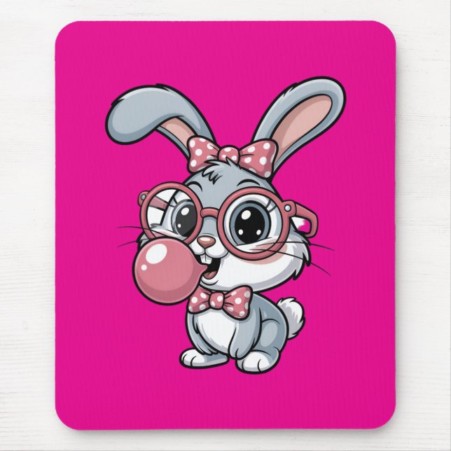 Cute Bunny with Glasses Blowing Bubble Gum Mouse Mat (Front)
