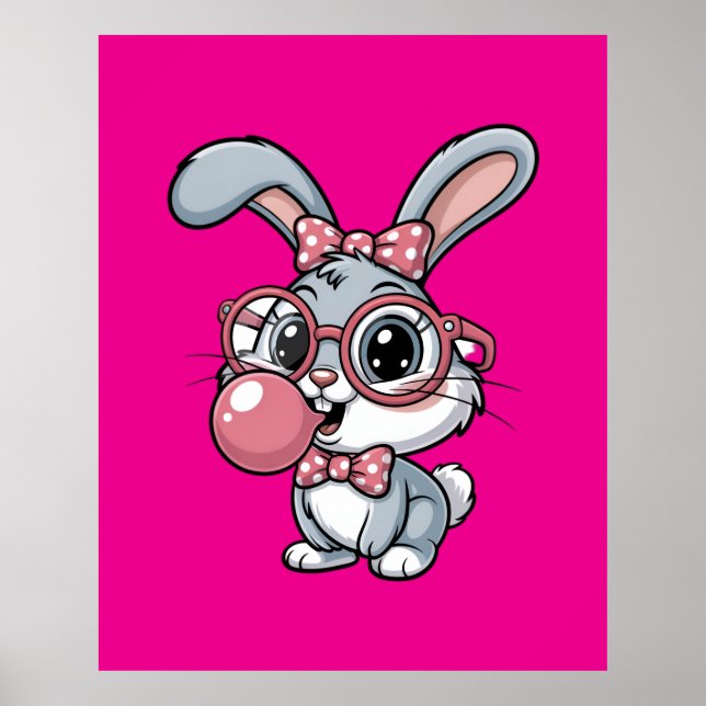 Cute Bunny with Glasses Blowing Bubble Gum Poster (Front)