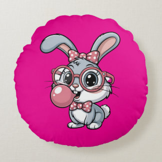 Cute Bunny with Glasses Blowing Bubble Gum Round Cushion
