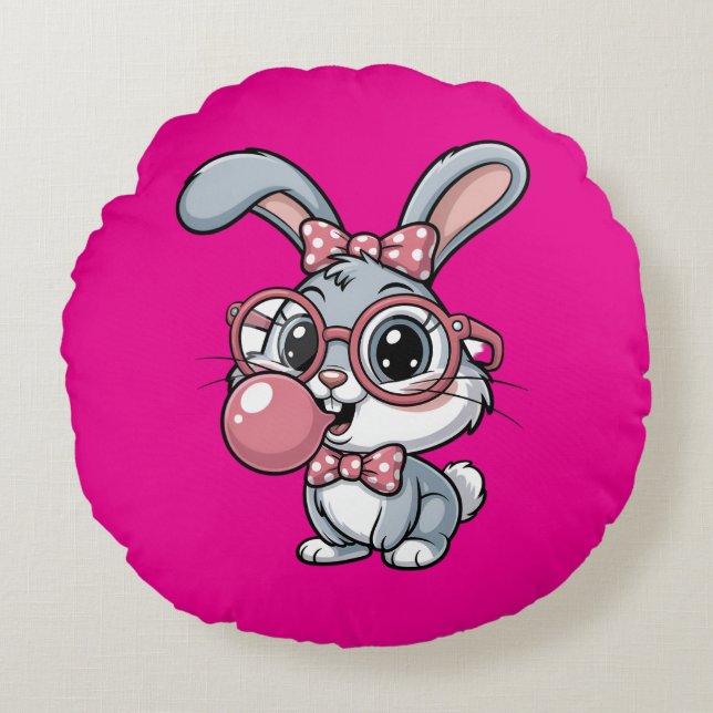Cute Bunny with Glasses Blowing Bubble Gum Round Cushion (Front)