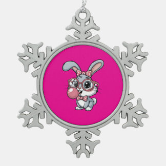 Cute Bunny with Glasses Blowing Bubble Gum Snowflake Pewter Christmas Ornament