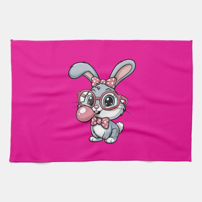 Cute Bunny with Glasses Blowing Bubble Gum Tea Towel (Horizontal)