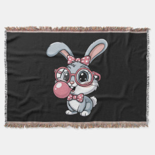 Cute Bunny with Glasses Blowing Bubble Gum Throw Blanket
