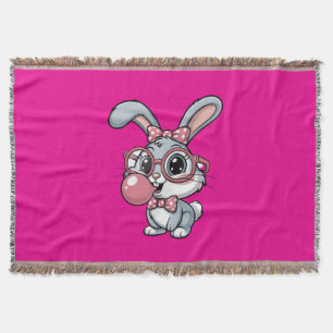 Cute Bunny with Glasses Blowing Bubble Gum Throw Blanket