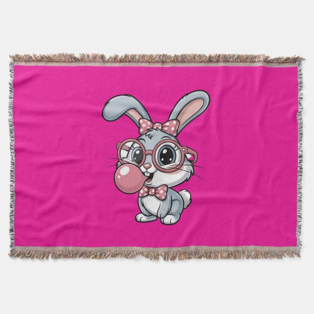 Cute Bunny with Glasses Blowing Bubble Gum Throw Blanket (Front)