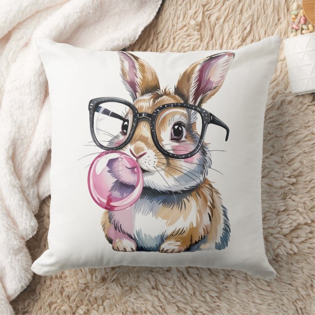 Cute Bunny with Glasses & Bubblegum Rabbit Design Cushion (Blanket)