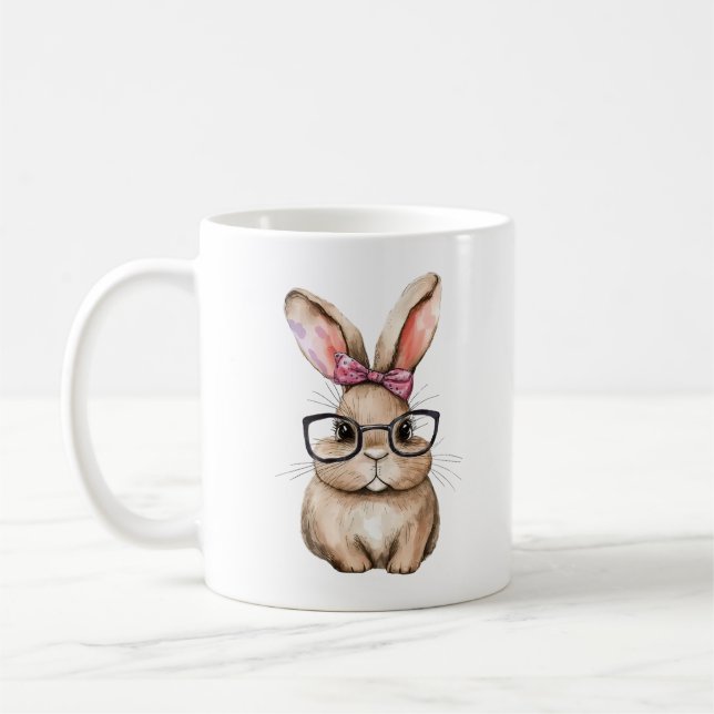 Cute Bunny with Glasses WaterColor Design Coffee Mug (Left)