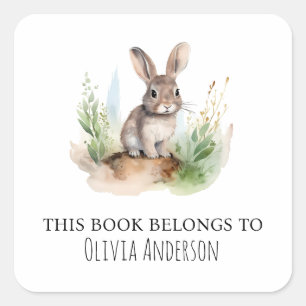 Cute Bunny with Green Leaves This Book Belongs Square Sticker