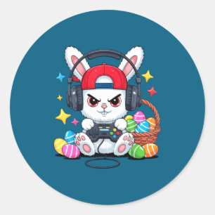 Cute bunny with headphones gaming easter classic round sticker