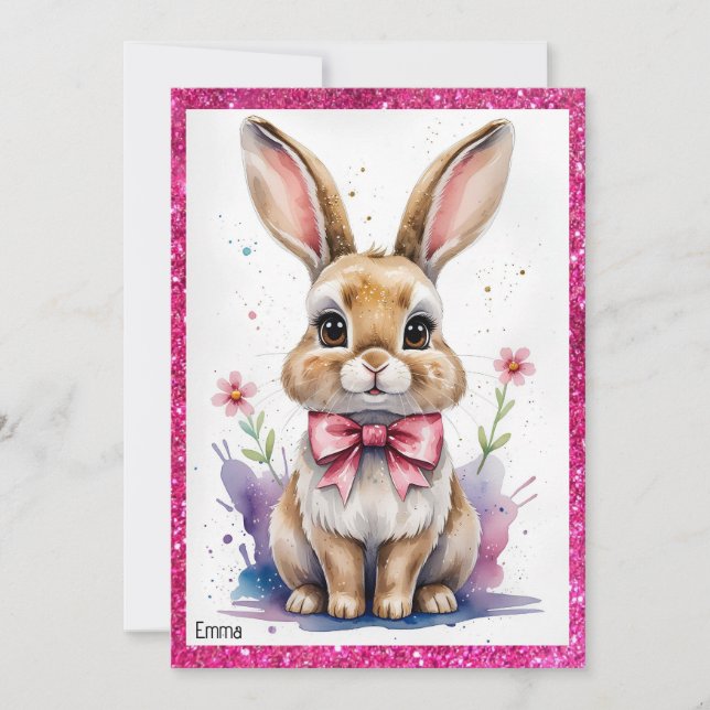Cute bunny with pink bow birthday invitation (Front)
