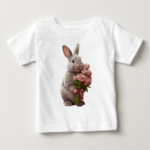  “Cute Bunny with Pink Roses” Adorable Art Design Baby T-Shirt