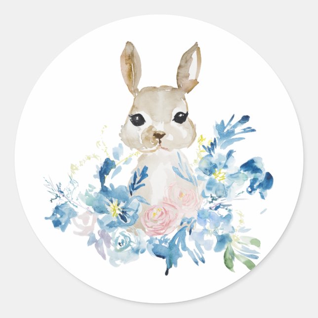 Cute Bunny with watercolor flowers  Classic Round Sticker (Front)