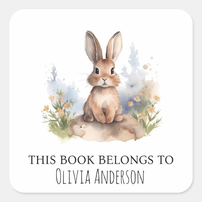 Cute Bunny with Yellow Flowers This Book Belongs Square Sticker (Front)