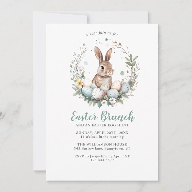Cute Bunny Wreath Easter Brunch Egg Hunt  Invitation (Front)