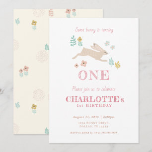 Cute Bunny Yellow Floral Kid Girl First Birthday  Invitation