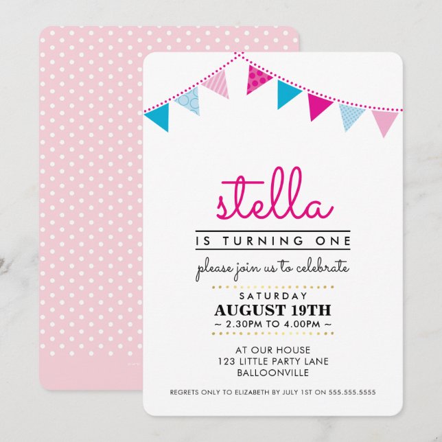 CUTE BUNTING 1ST birthday party INVITE pink blue (Front/Back)