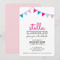 CUTE BUNTING 1ST birthday party INVITE pink blue
