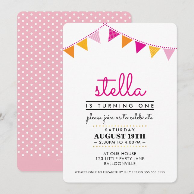 CUTE BUNTING 1ST birthday party INVITE pink orange (Front/Back)