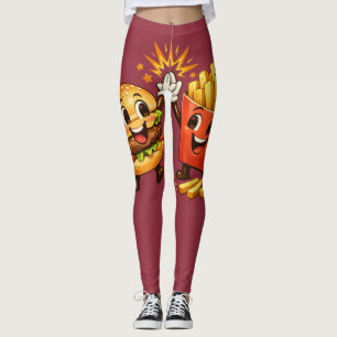 Cute Burger and Fries High Five Kawaii Art Leggings