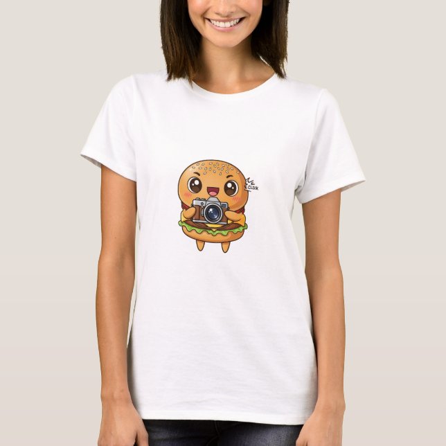 Cute Burger Photographer Cartoon with Retro Camera T-Shirt (Front)