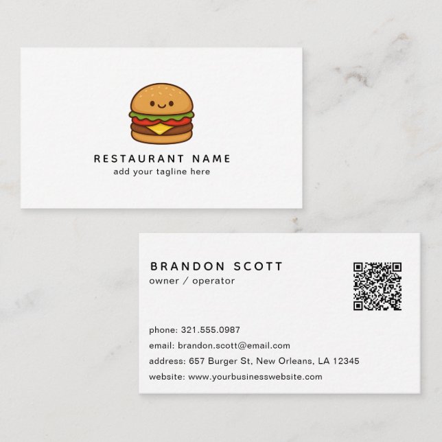 Cute Burger QR Code Restaurant Business Card (Front/Back)