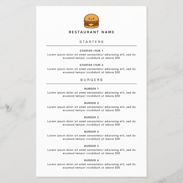 Cute Burger Restaurant Menu (Front)
