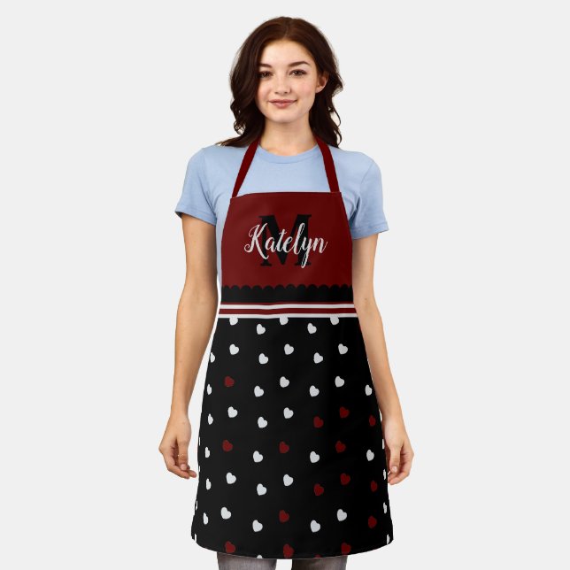 Cute Burgundy & Black Hearts Monogram Name Kitchen Apron (Worn)
