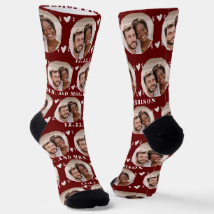 Cute Burgundy Newlyweds Photo Wedding Socks