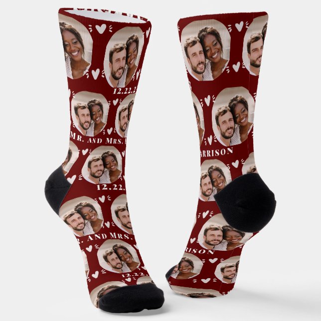 Cute Burgundy Newlyweds Photo Wedding Socks (Angled)