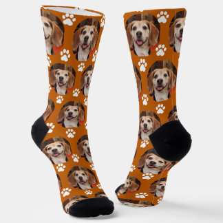 Cute Burnt Orange Pet Photo & Paw Prints Dog Cat Socks